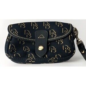 Dooney & Bourke Signature Wristlet Black With Brown Tan Logo Flap Closure